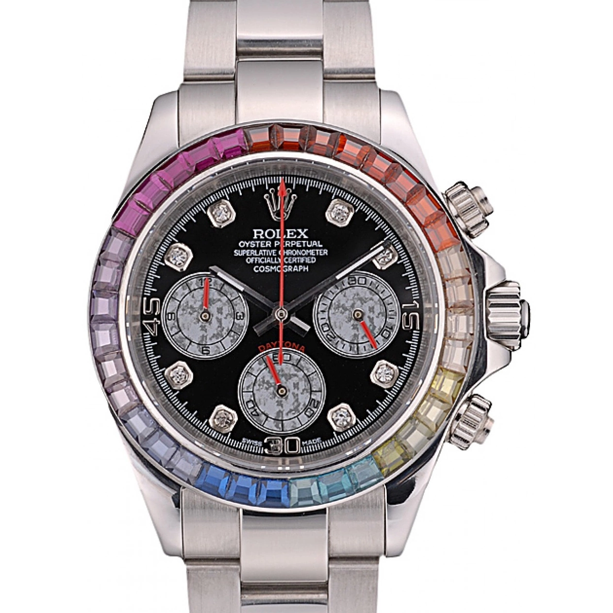 Aaa replica Rainbow 80250 Black Rolex Steep Stainless Cosmograph Dial Strap Bezel Daytona Crystals 0628